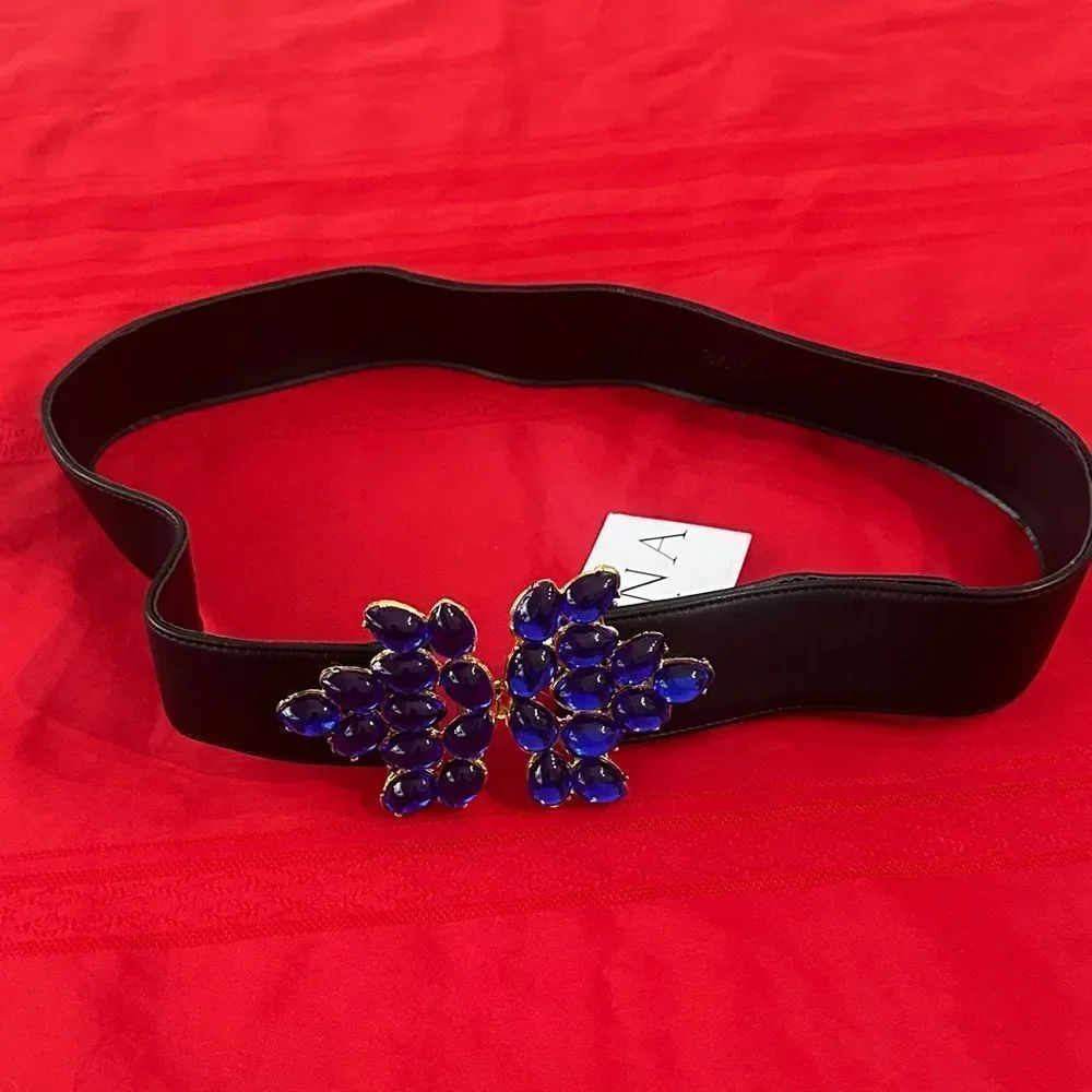 NWT RAINA BLK WISTERIA Elegant Black Belt with Blue Gemstone Accent